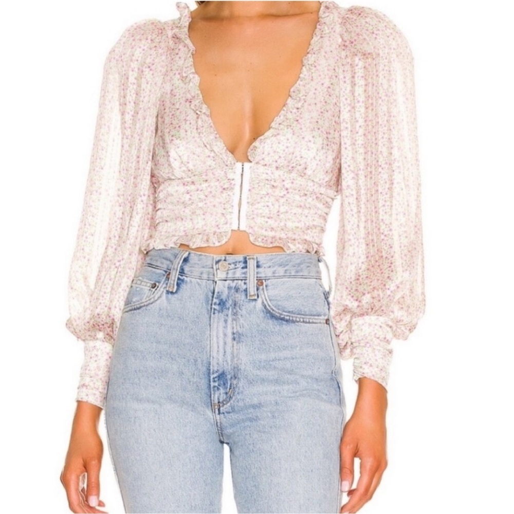 For Love &‎ Lemons Natalie Crop Top Blouse Long Sleeve Floral Ivory Casual Pink